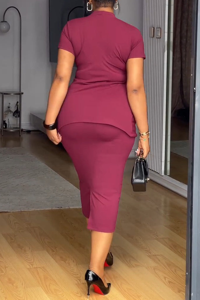 Daily Elegant Solid Color Buttons Ruched V Neck Short Sleeve Two Pieces