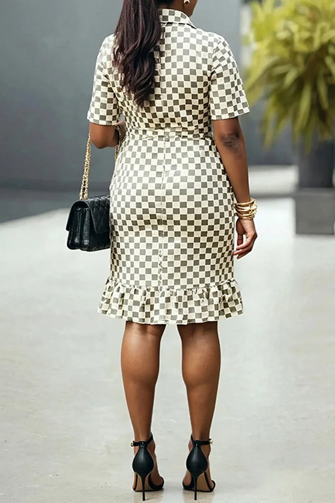 Daily Plaid Print Patchwork Turndown Collar Wrapped Skirt Dresses