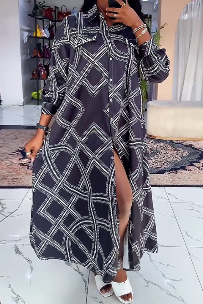 Casual Daily Print Buttons Slit Turndown Collar Shirt Dresses