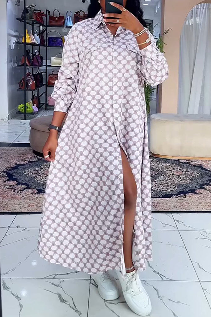 Casual Daily Print Buttons Slit Turndown Collar Shirt Dresses