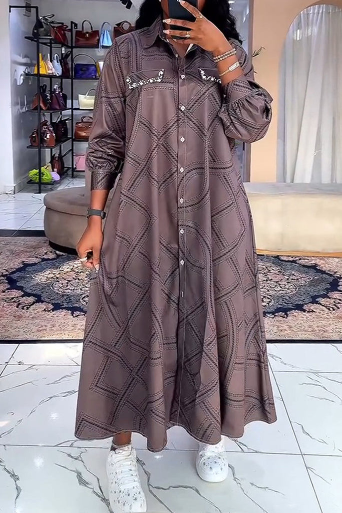 Casual Daily Print Buttons Slit Turndown Collar Shirt Dresses