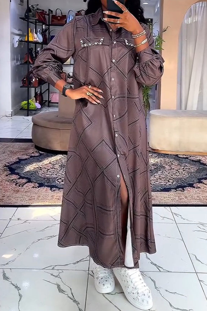 Casual Daily Print Buttons Slit Turndown Collar Shirt Dresses
