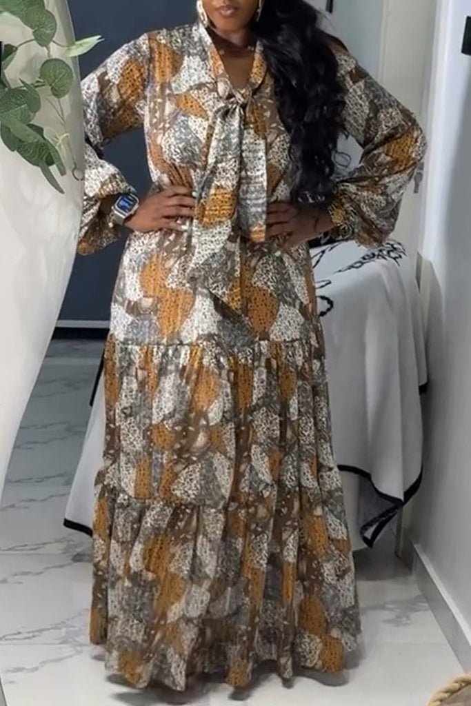 Casual Daily Print Patchwork Tie Neck Long Dresses