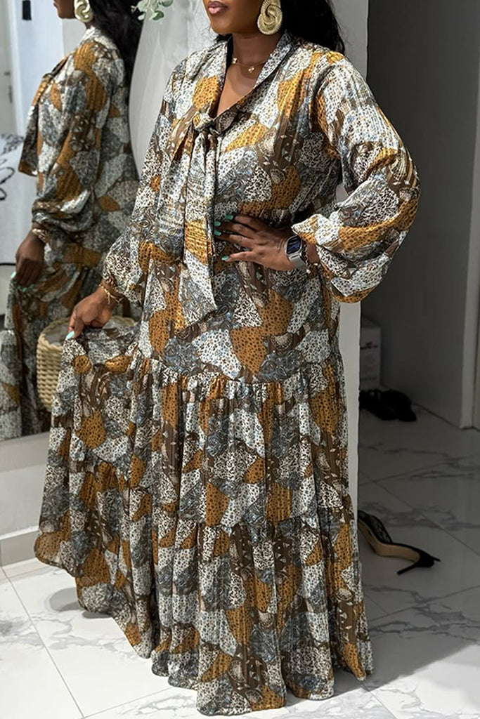 Casual Daily Print Patchwork Tie Neck Long Dresses