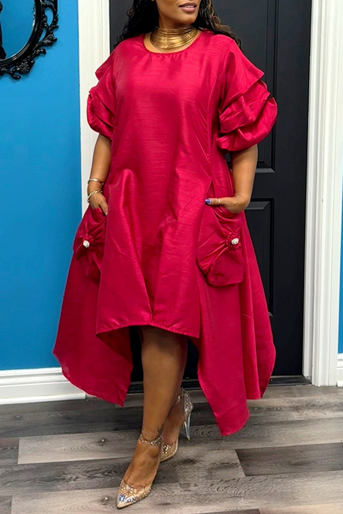 Casual Solid Color Pocket O Neck Irregular Dresses