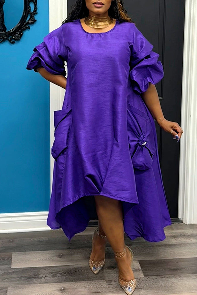Casual Solid Color Pocket O Neck Irregular Dresses
