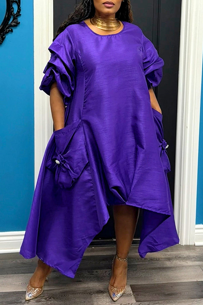 Casual Solid Color Pocket O Neck Irregular Dresses