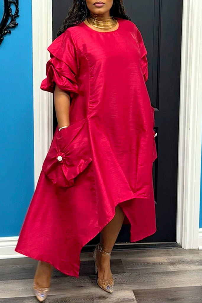 Casual Solid Color Pocket O Neck Irregular Dresses
