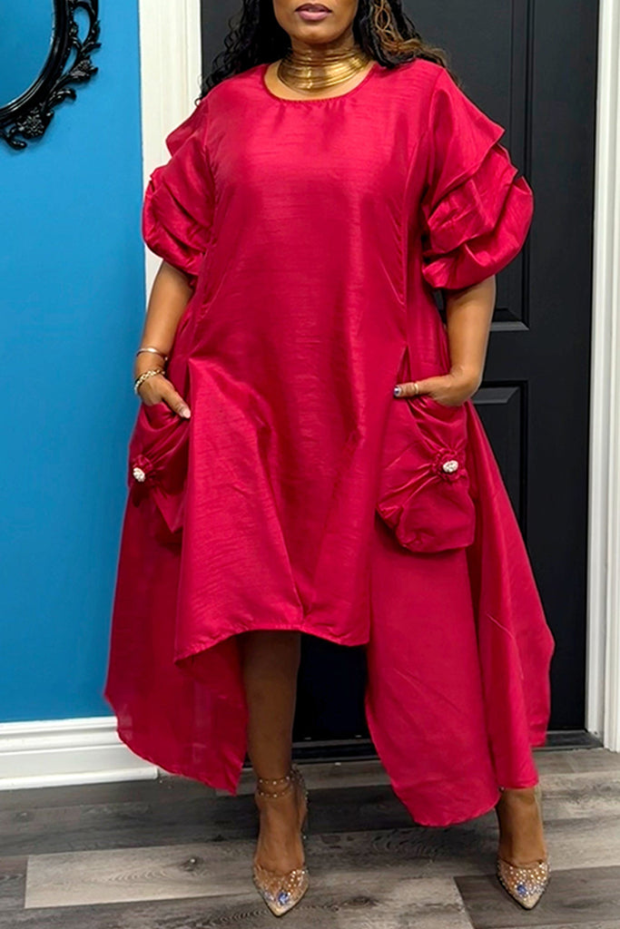 Casual Solid Color Pocket O Neck Irregular Dresses