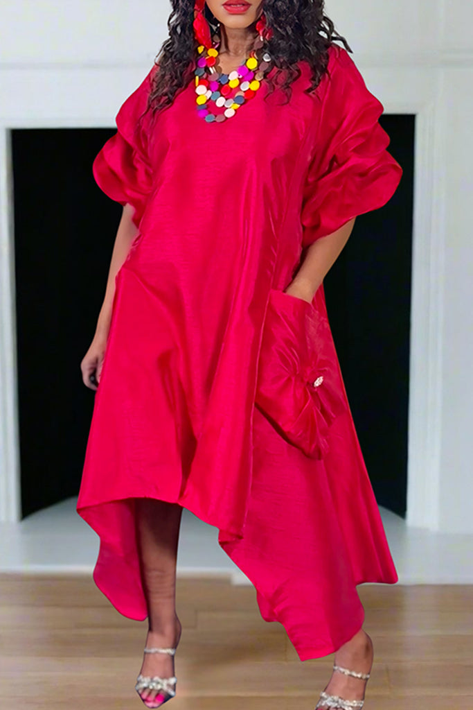 Casual Solid Color Pocket O Neck Irregular Dresses