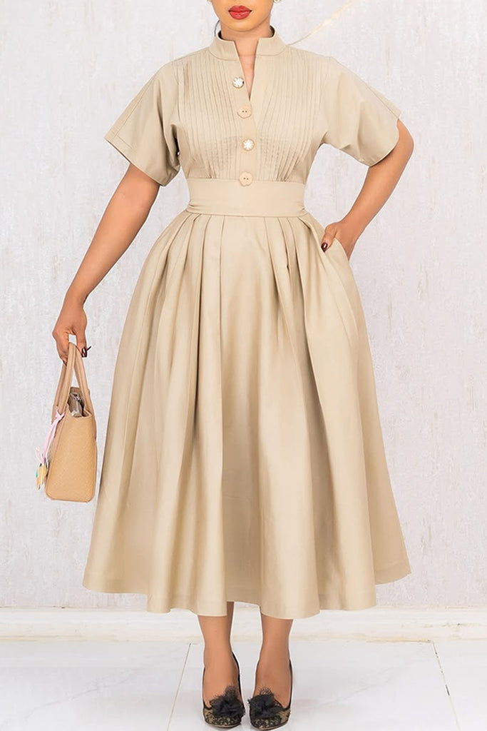 Casual Daily Solid Color Buttons Patchwork Ruched V Neck A Line Dresses