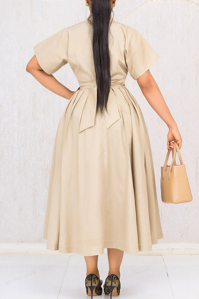 Casual Daily Solid Color Buttons Patchwork Ruched V Neck A Line Dresses