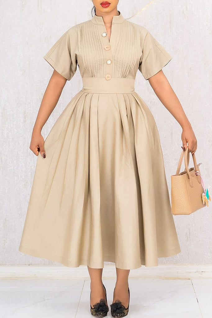 Casual Daily Solid Color Buttons Patchwork Ruched V Neck A Line Dresses