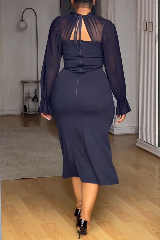 Sexy Solid Color Hollow Out Patchwork See-Through O Neck Wrapped Skirt Dresses