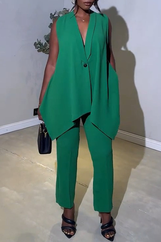 Casual Daily Solid Color Buttons V Neck Sleeveless Two Pieces