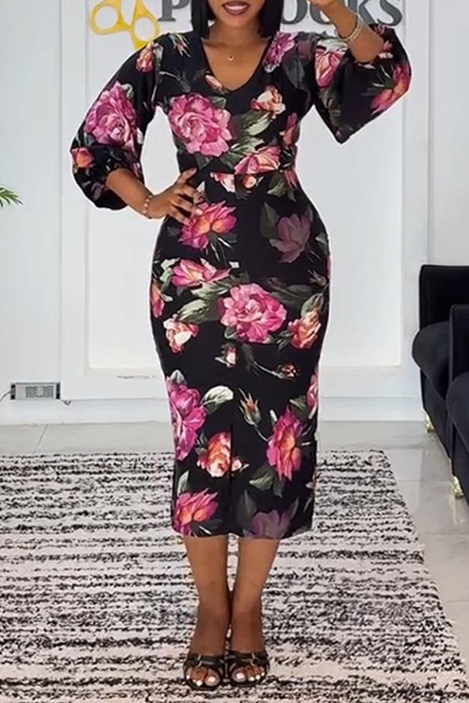 Casual Daily Floral Print Patchwork Zipper V Neck Wrapped Skirt Dresses