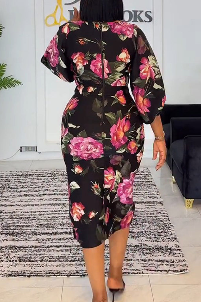 Casual Daily Floral Print Patchwork Zipper V Neck Wrapped Skirt Dresses