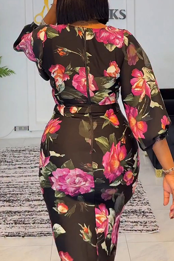 Casual Daily Floral Print Patchwork Zipper V Neck Wrapped Skirt Dresses