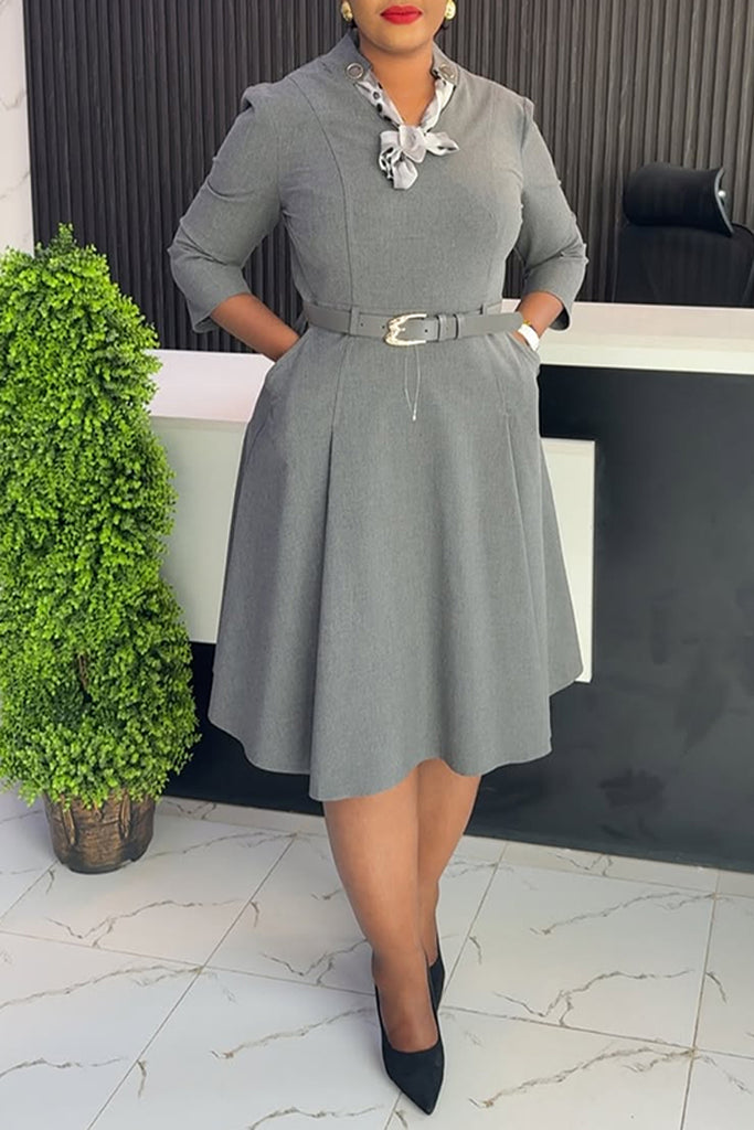Business Wear Daily Solid Color With Belt Tie Neck A Line Dresses