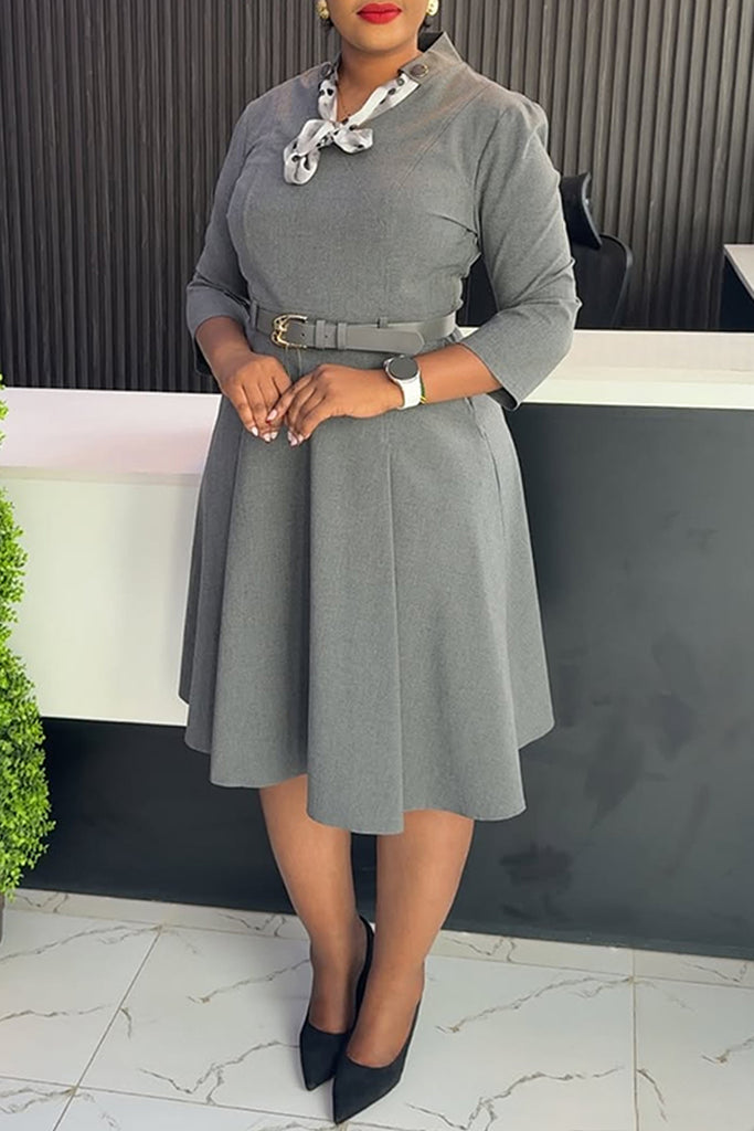 Business Wear Daily Solid Color With Belt Tie Neck A Line Dresses