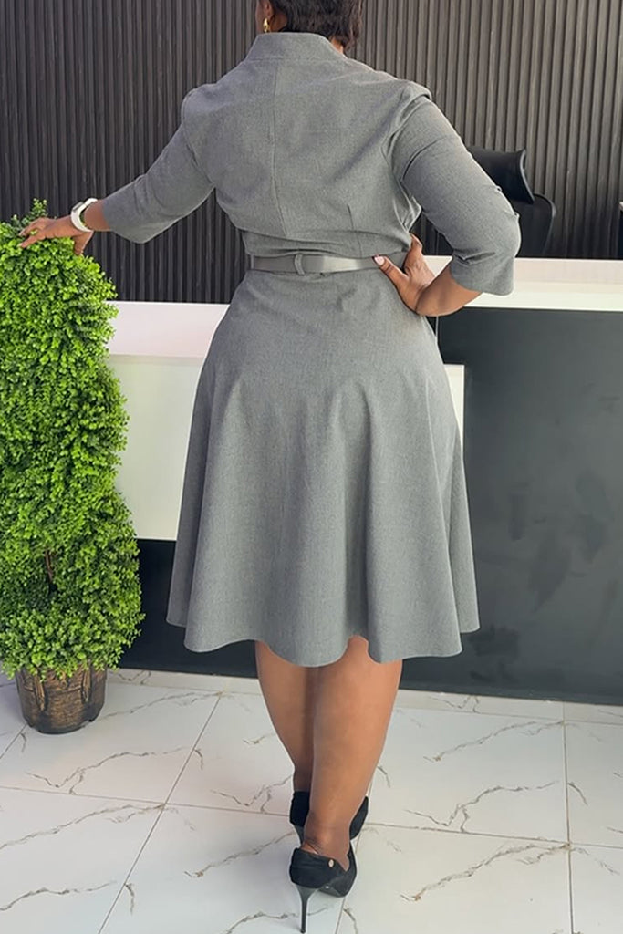 Business Wear Daily Solid Color With Belt Tie Neck A Line Dresses
