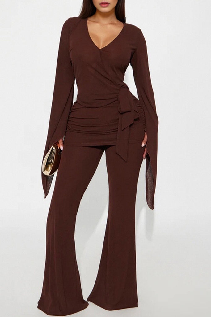 Daily Solid Color Patchwork Belted V Neck Regular Jumpsuits