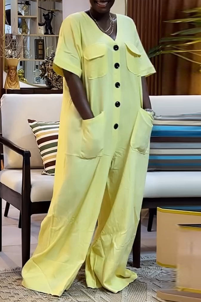 Casual Daily Solid Color Pocket Buttons V Neck Loose Jumpsuits