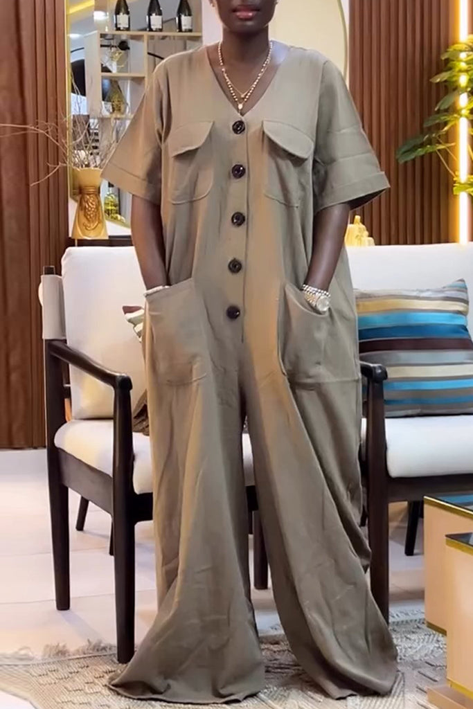 Casual Daily Solid Color Pocket Buttons V Neck Loose Jumpsuits