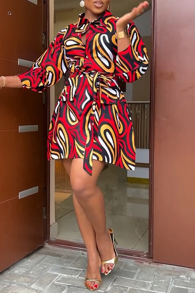 Casual Daily Print Buttons Belted Turndown Collar Shirt Dresses