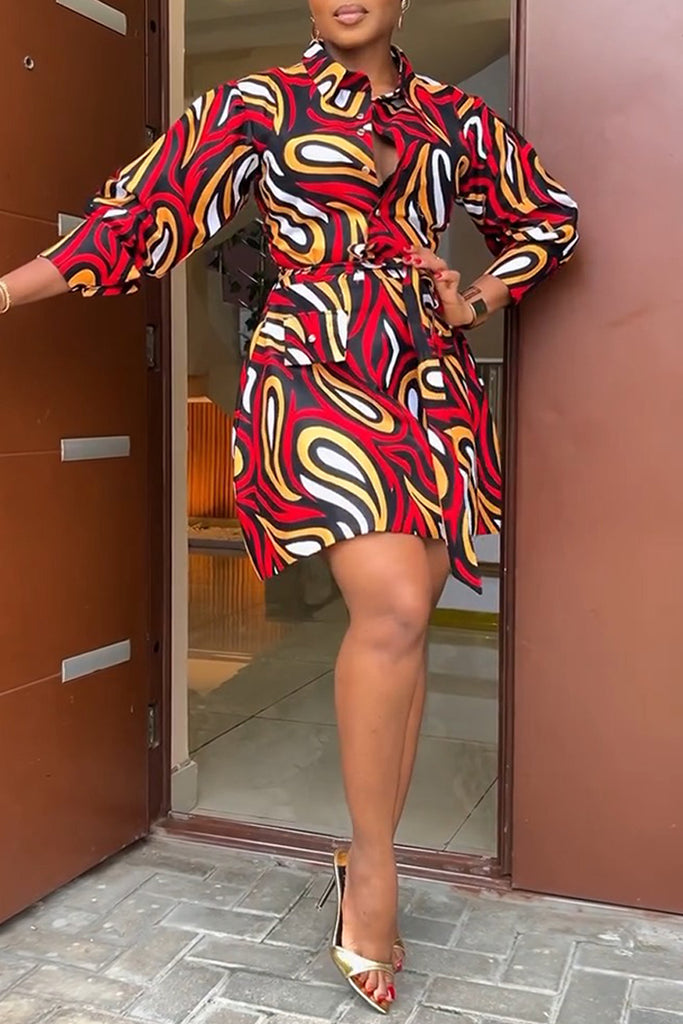 Casual Daily Print Buttons Belted Turndown Collar Shirt Dresses