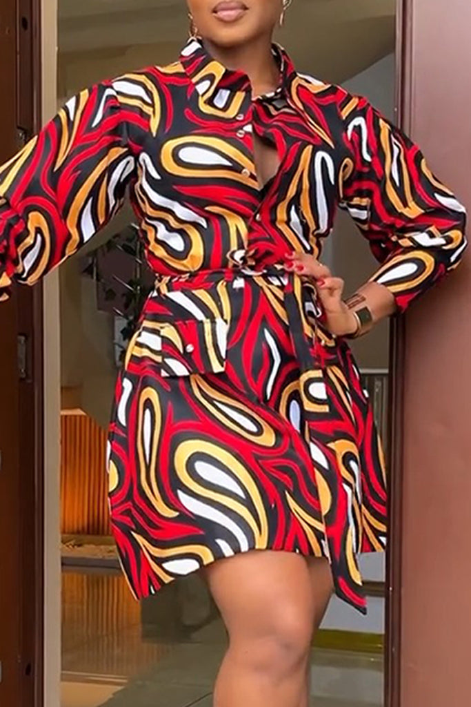 Casual Daily Print Buttons Belted Turndown Collar Shirt Dresses