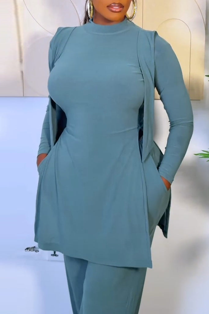Casual Daily Solid Color Slit O Neck Long Sleeve Two Pieces