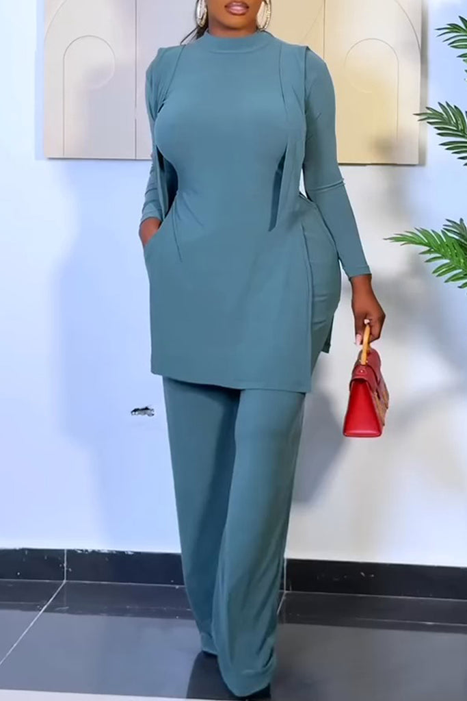 Casual Daily Solid Color Slit O Neck Long Sleeve Two Pieces