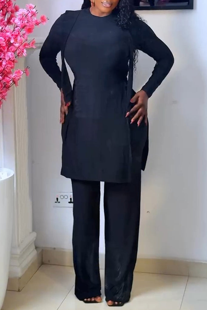Casual Daily Solid Color Slit O Neck Long Sleeve Two Pieces