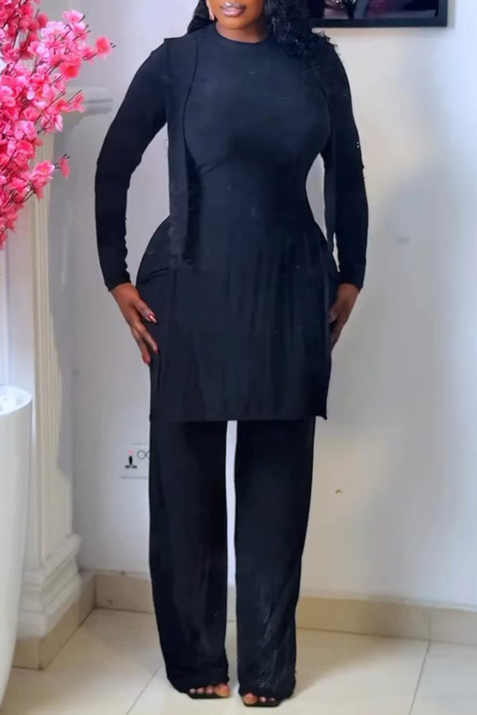 Casual Daily Solid Color Slit O Neck Long Sleeve Two Pieces