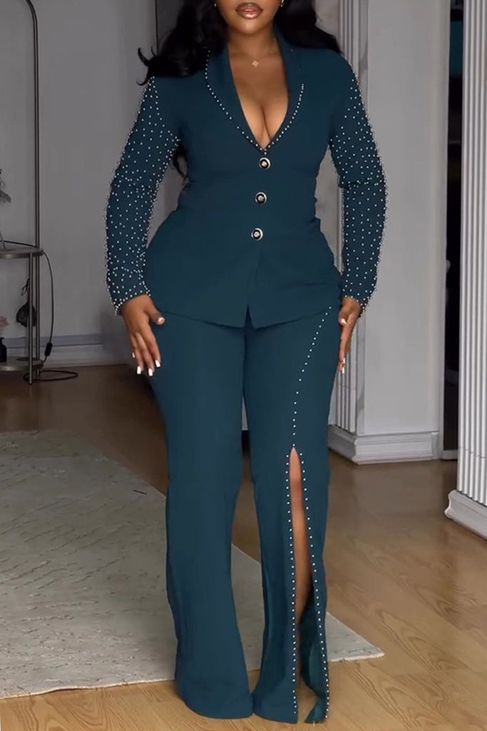 Business Wear Daily Elegant Solid Color Slit Beading Turn-back Collar Long Sleeve Two Pieces