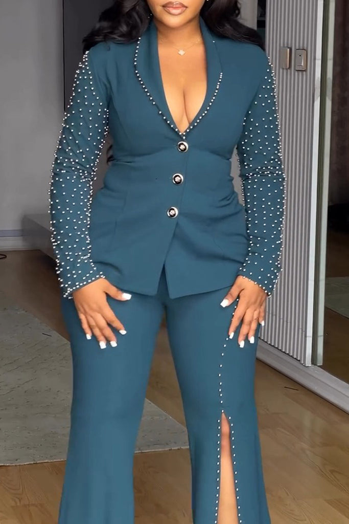 Business Wear Daily Elegant Solid Color Slit Beading Turn-back Collar Long Sleeve Two Pieces