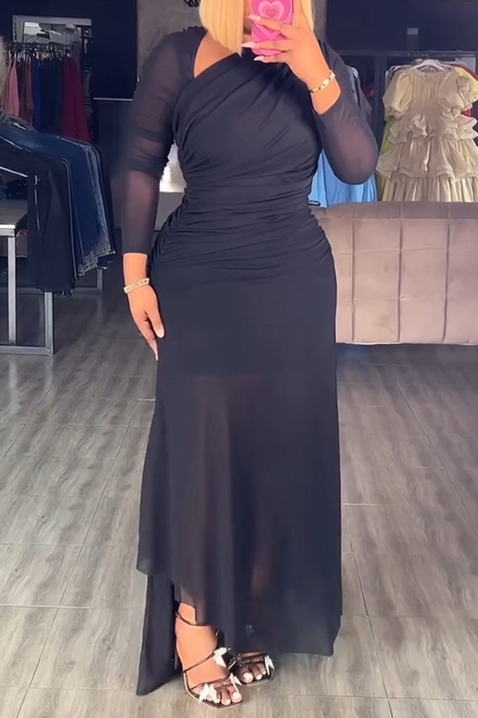 Party Elegant Solid Color Patchwork Ruched Oblique Collar Long Dresses