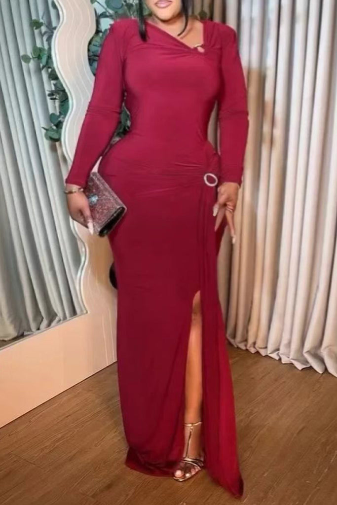 Elegant Solid Color Slit Oblique Collar Long Dresses