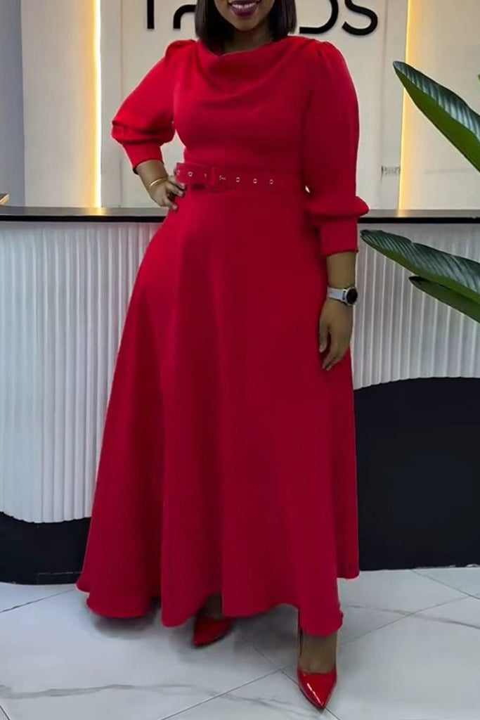 Daily Elegant Solid Color With Belt Pile Heap Collar A Line Dresses