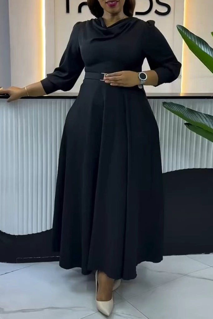 Daily Elegant Solid Color With Belt Pile Heap Collar A Line Dresses