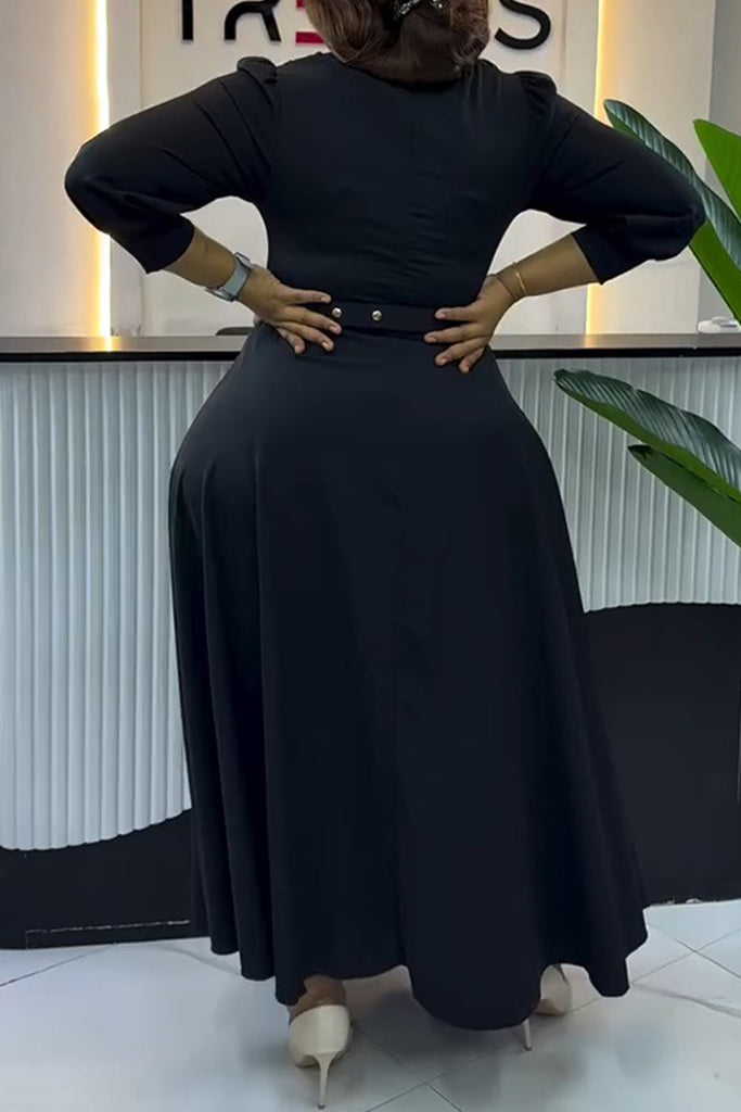 Daily Elegant Solid Color With Belt Pile Heap Collar A Line Dresses