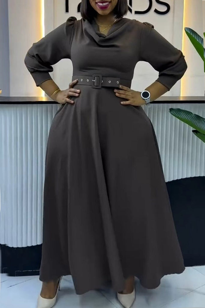 Daily Elegant Solid Color With Belt Pile Heap Collar A Line Dresses