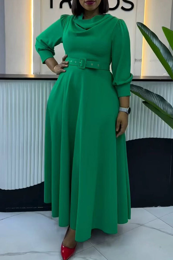 Daily Elegant Solid Color With Belt Pile Heap Collar A Line Dresses
