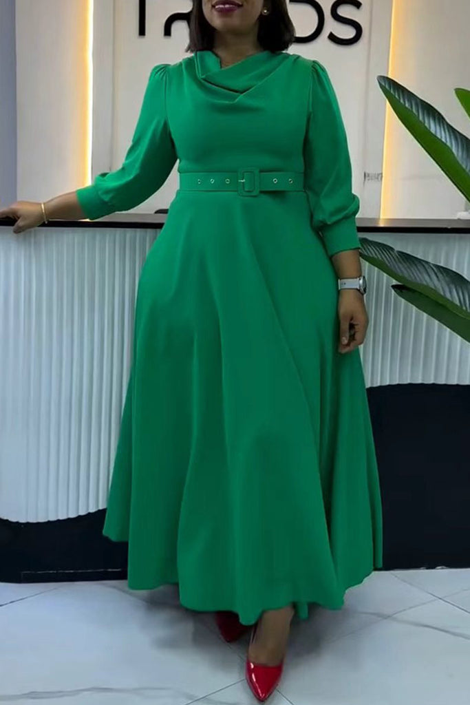 Daily Elegant Solid Color With Belt Pile Heap Collar A Line Dresses