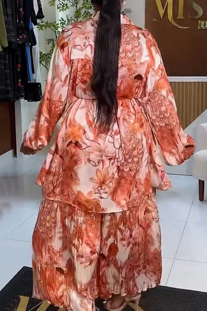 Casual Daily Print With Belt Turndown Collar Long Sleeve Two Pieces