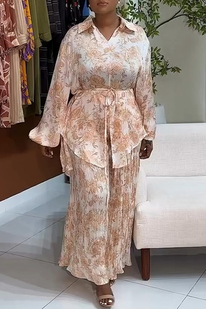 Casual Daily Print With Belt Turndown Collar Long Sleeve Two Pieces