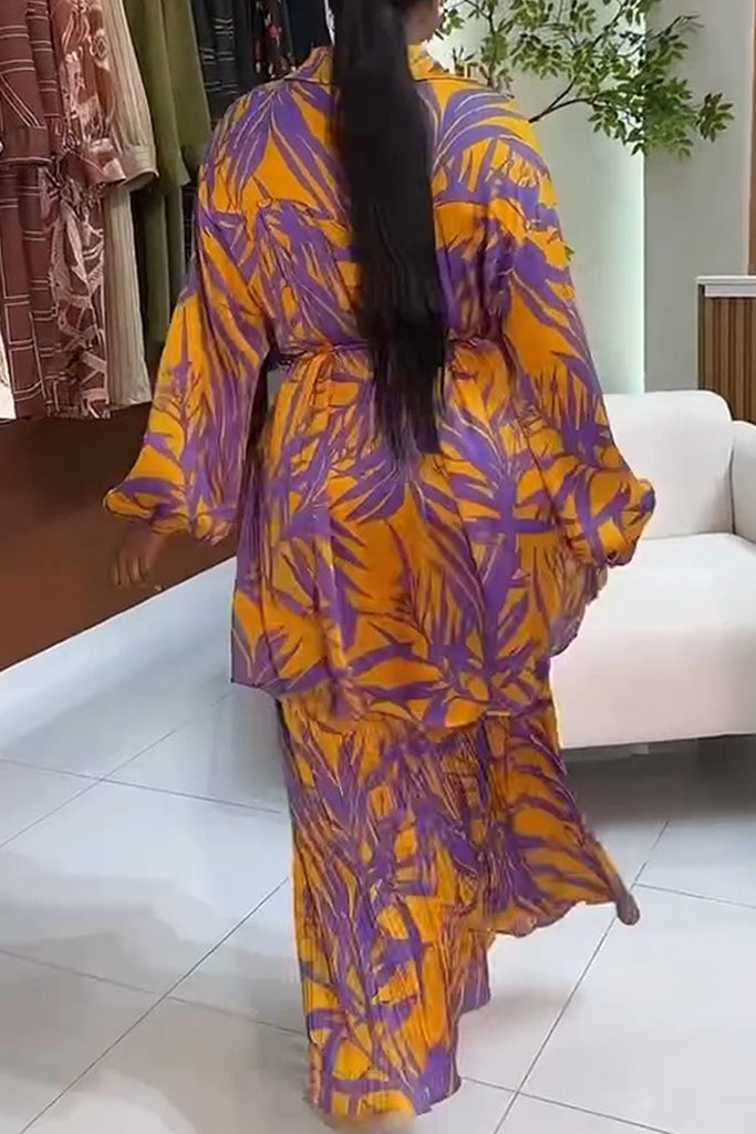 Casual Daily Print With Belt Turndown Collar Long Sleeve Two Pieces