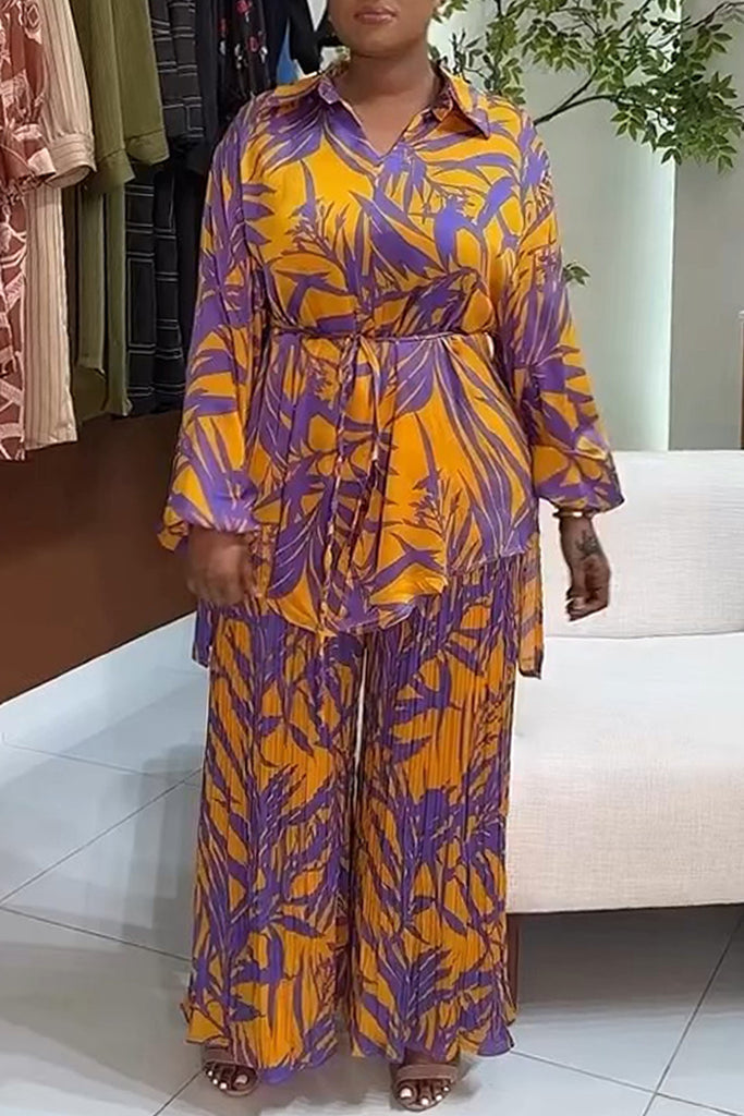 Casual Daily Print With Belt Turndown Collar Long Sleeve Two Pieces