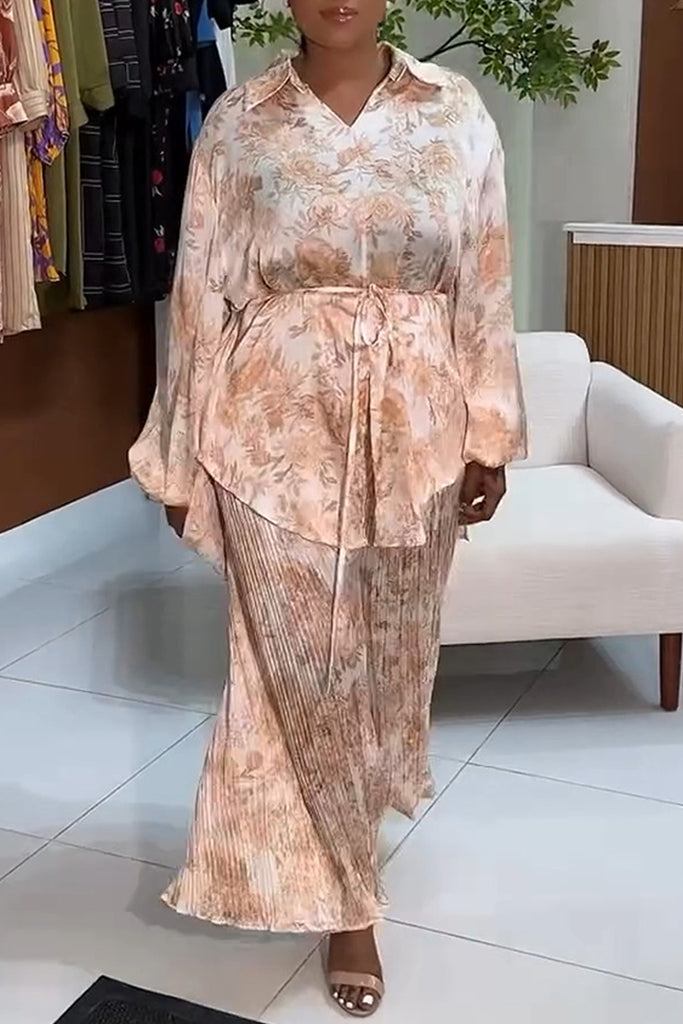 Casual Daily Print With Belt Turndown Collar Long Sleeve Two Pieces
